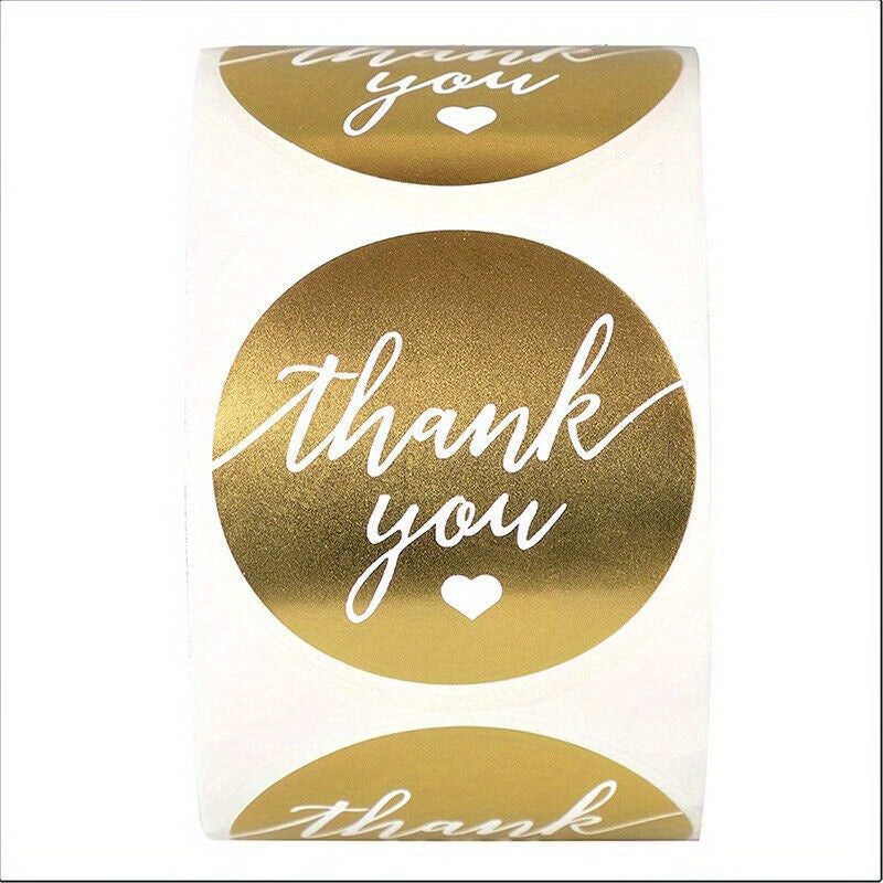 One roll contains 500 pieces of 38MM/1.5IN Golden "Thank You" stickers. These stickers can be used as seal labels for handmade gifts, cakes, boxes, and business commodities. They are also perfect for sealing gift boxes, decorating bags, and adding a