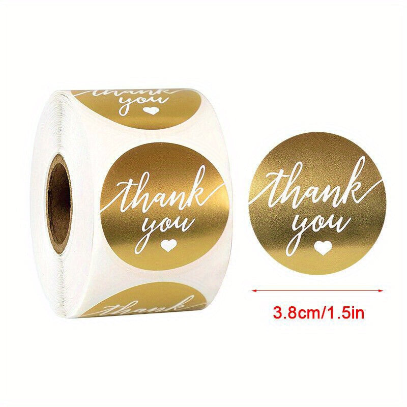 One roll contains 500 pieces of 38MM/1.5IN Golden "Thank You" stickers. These stickers can be used as seal labels for handmade gifts, cakes, boxes, and business commodities. They are also perfect for sealing gift boxes, decorating bags, and adding a