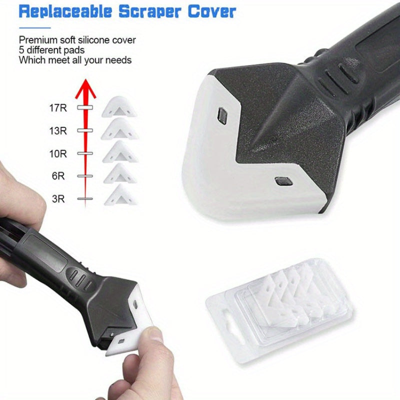 3-in-1 Silicone Caulking Tool with Stainless Steel Head for sealing, cleaning and scraping glue. Features durable plastic handle for easy use.