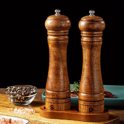 Set of 2/3 wooden salt and pepper grinders, including a wood pepper mill. Optional wooden tray for display. Manual grinding for freshly ground sea salt and pepper. Perfect for dinner table settings and kitchen tools. Ideal Christmas gifts and kitchen