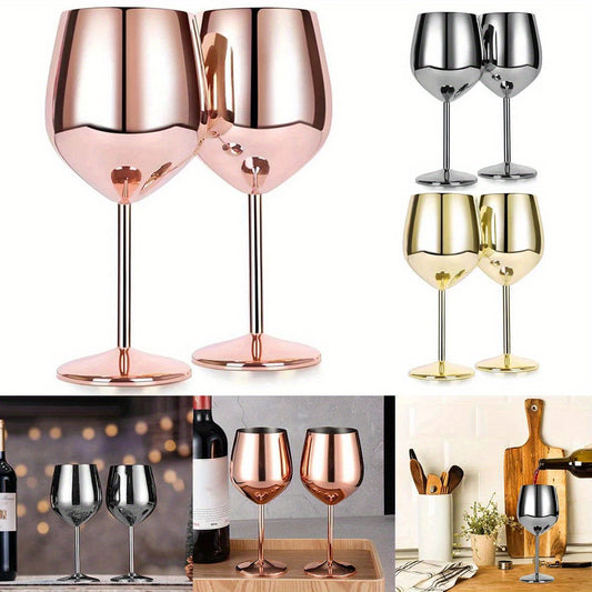 Two large 18oz stainless steel wine glasses for family dinner parties, weddings, and anniversaries. Durable and unbreakable.