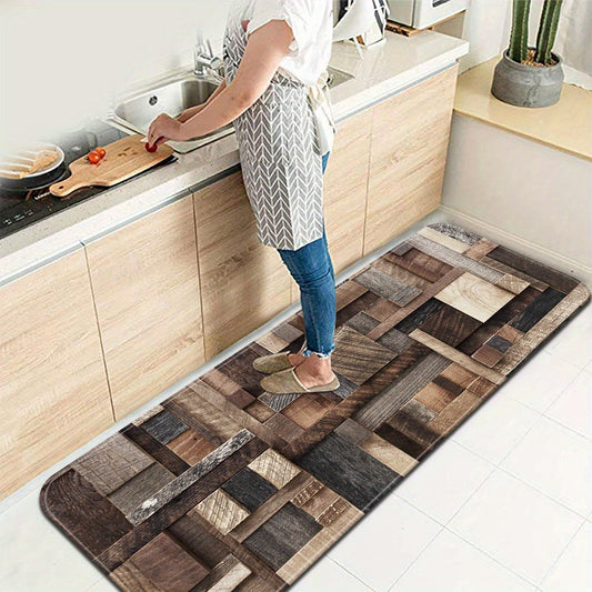 Vintage wood print kitchen rug with anti-slip backing for added safety and comfort. This absorbent, anti-fatigue floor mat is perfect for the laundry room, living room, bathroom, or bedroom. Its stylish design makes it a great addition to any home décor.