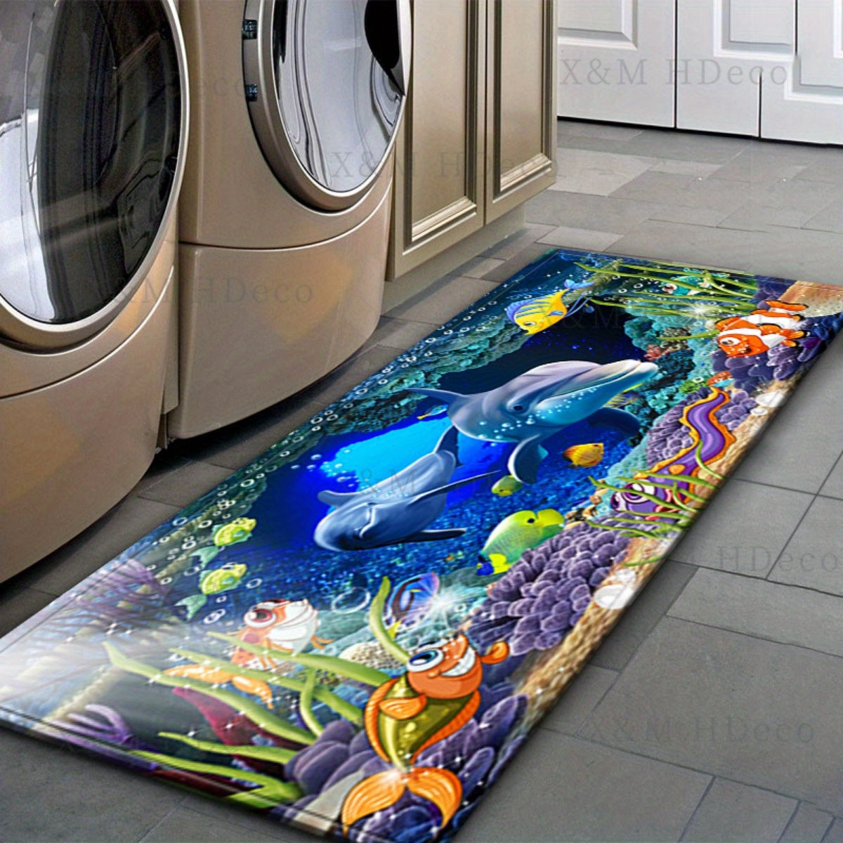 Non-Slip Underwater Oasis Area Rug - Absorbent, Anti-Fatigue Mat for Kitchen, Bedroom, Living Room, Bathroom - Comfortable Standing Pad with Fun Cartoon Design