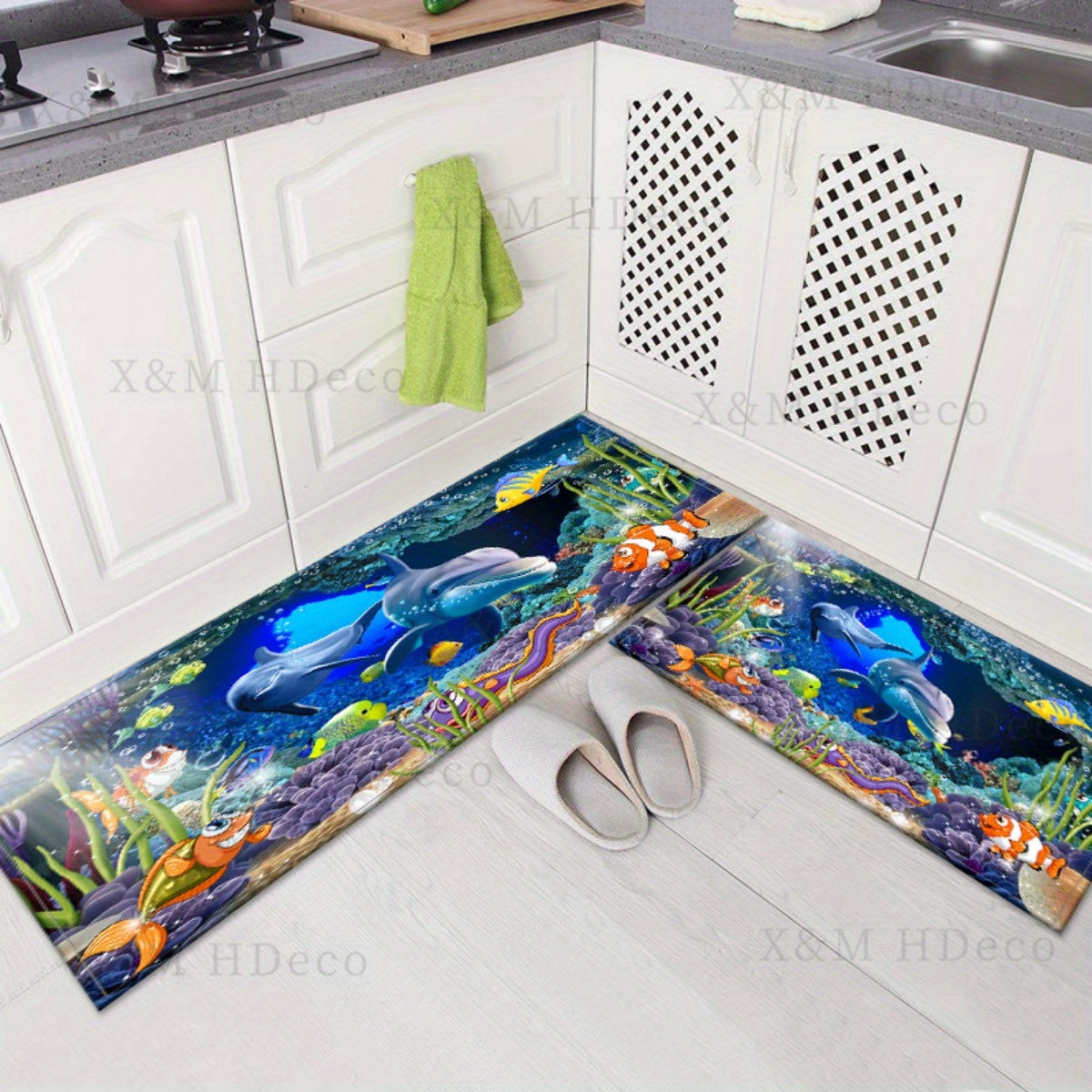 Non-Slip Underwater Oasis Area Rug - Absorbent, Anti-Fatigue Mat for Kitchen, Bedroom, Living Room, Bathroom - Comfortable Standing Pad with Fun Cartoon Design