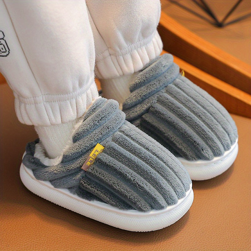 Cozy fleece-lined slippers for kids with fabric upper and EVA outsole, soft sole striped home shoes.