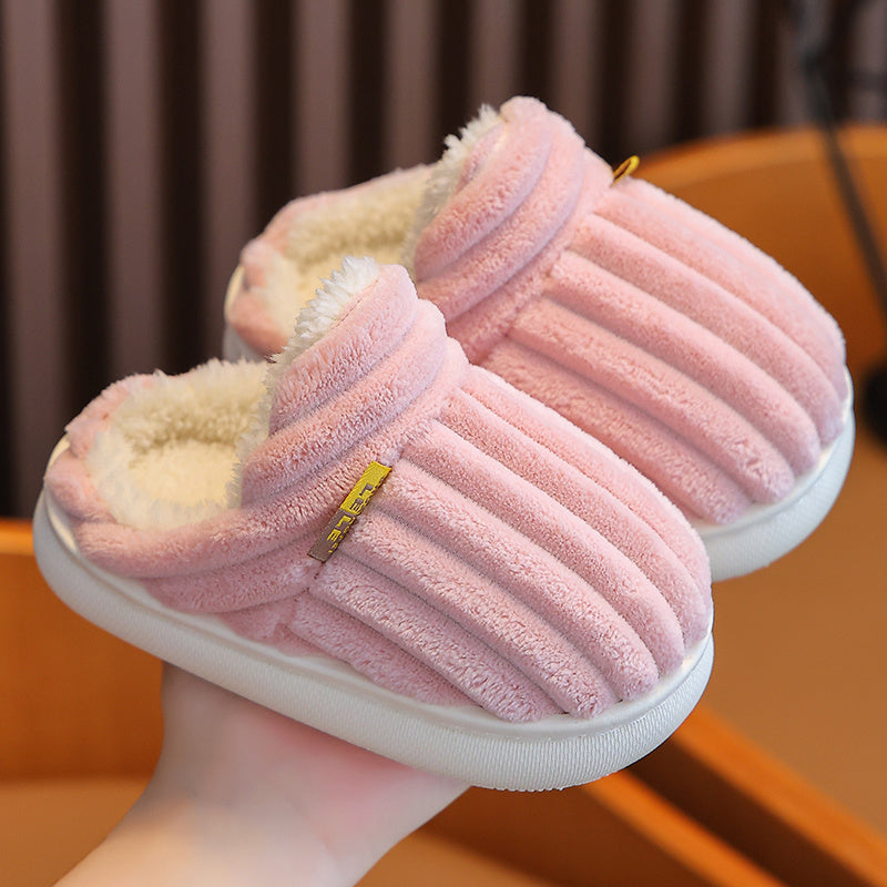 Cozy fleece-lined slippers for kids with fabric upper and EVA outsole, soft sole striped home shoes.