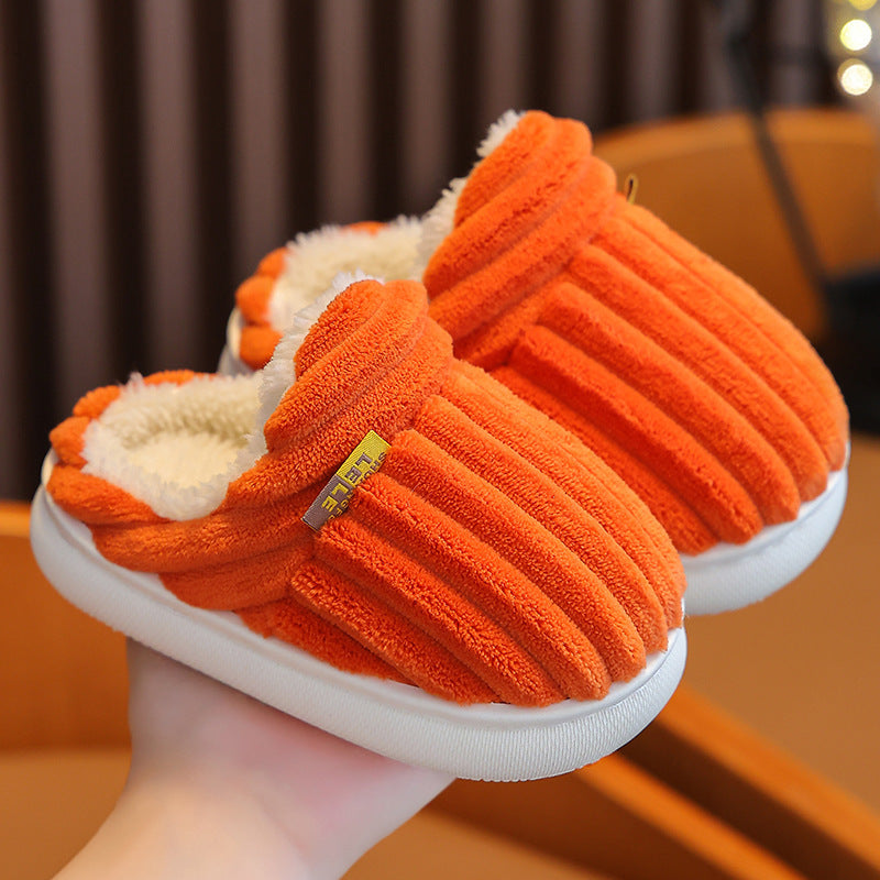 Cozy fleece-lined slippers for kids with fabric upper and EVA outsole, soft sole striped home shoes.