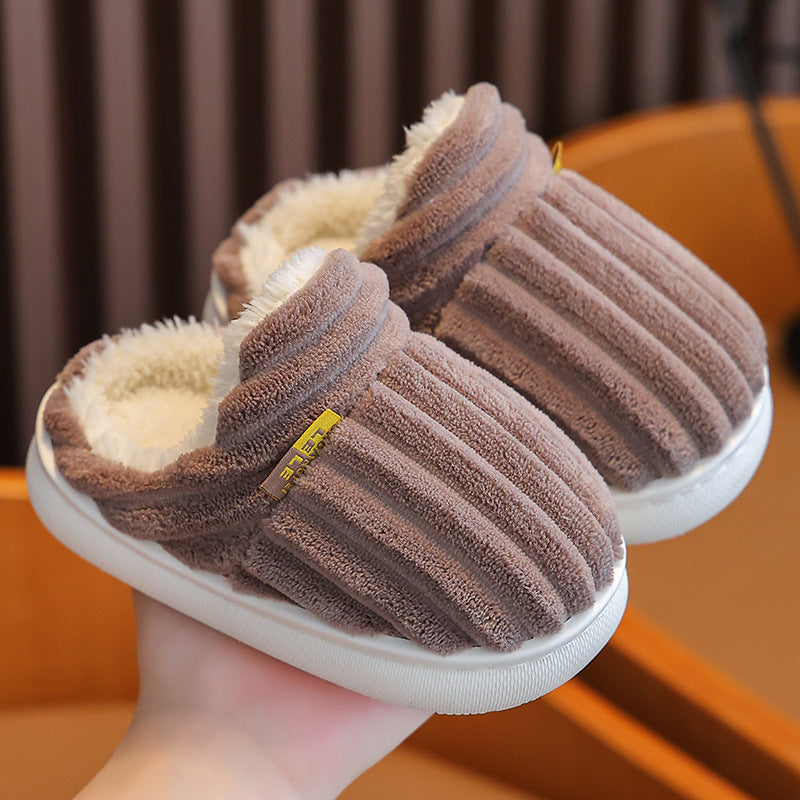 Cozy fleece-lined slippers for kids with fabric upper and EVA outsole, soft sole striped home shoes.