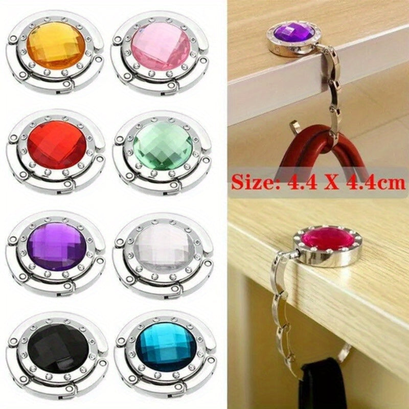 Stylish Crystal-Adorned Foldable Handbag Hook - Convenient Purse Hanger for Tables, Retro Inspired Metal Accessory for Women, Charming Purse