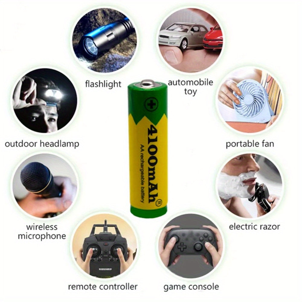 AAA and AA rechargeable batteries with 1.5V and capacities of 4100mAh and 2800mAh for use in flashlight, toys, watches, and MP3 players.