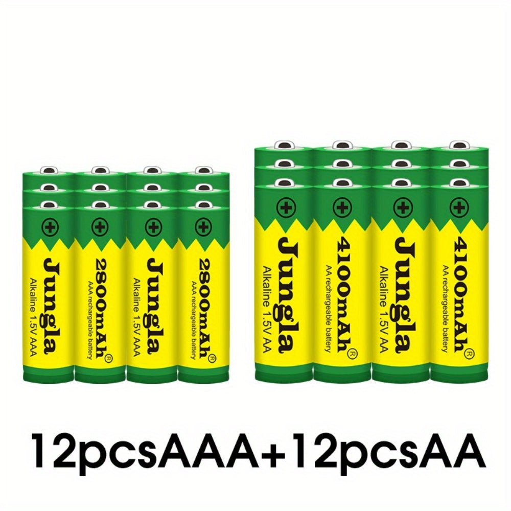 AAA and AA rechargeable batteries with 1.5V and capacities of 4100mAh and 2800mAh for use in flashlight, toys, watches, and MP3 players.