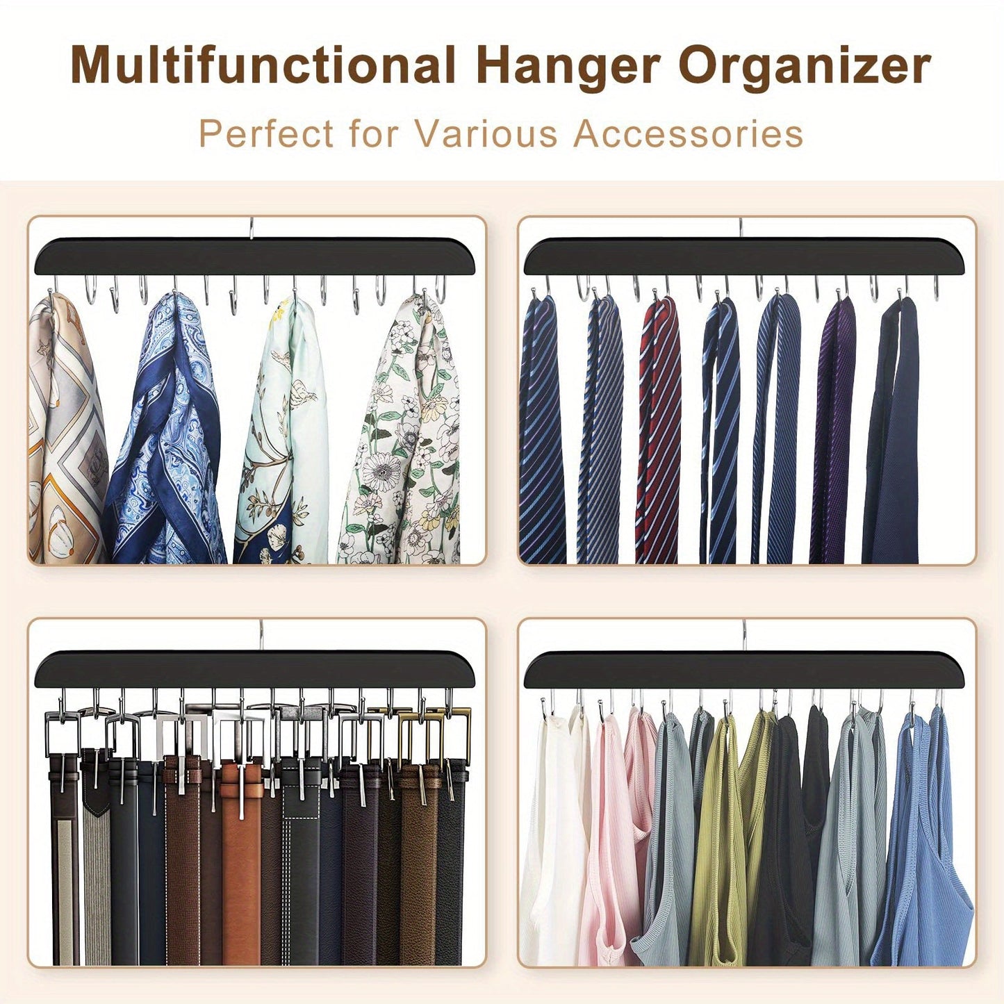 Multi-hook Belt Hanger that can hold multiple items such as ties, camisoles, scarves, and belts. This durable clothes drying rack also serves as a household storage organizer for bathroom, bedroom, closet, wardrobe, home, or dorm room.