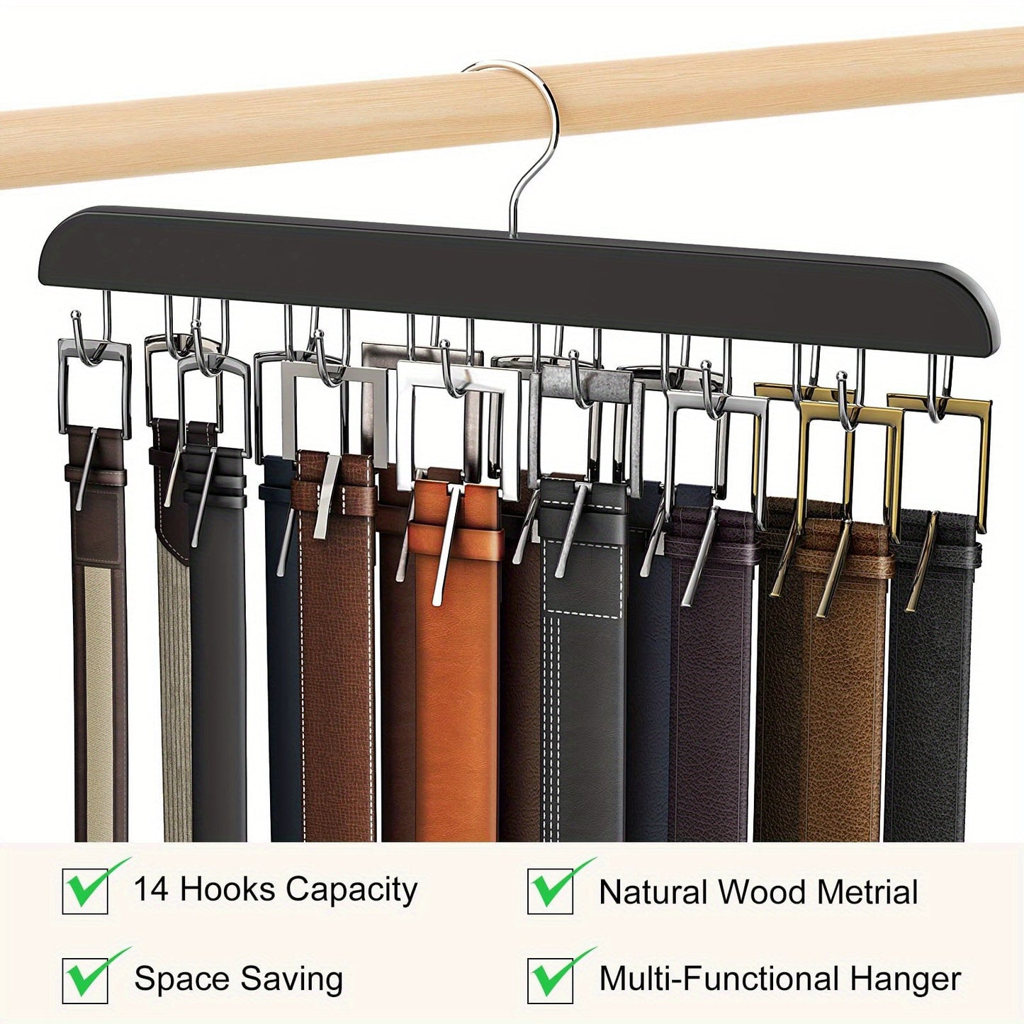 Multi-hook Belt Hanger that can hold multiple items such as ties, camisoles, scarves, and belts. This durable clothes drying rack also serves as a household storage organizer for bathroom, bedroom, closet, wardrobe, home, or dorm room.