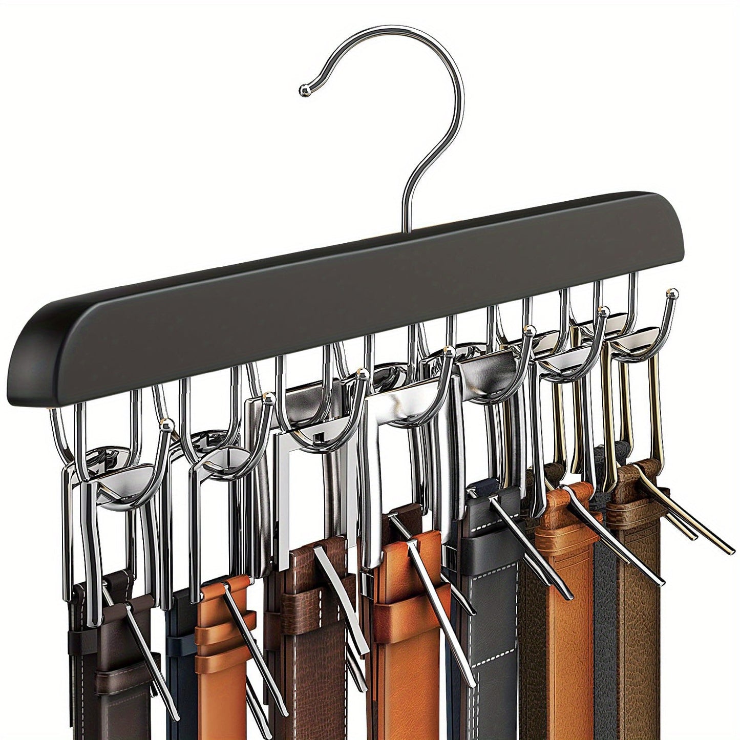 Multi-hook Belt Hanger that can hold multiple items such as ties, camisoles, scarves, and belts. This durable clothes drying rack also serves as a household storage organizer for bathroom, bedroom, closet, wardrobe, home, or dorm room.