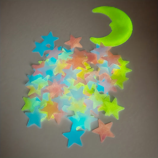 100 colorful luminous stars and 1 moon wall stickers for bedroom, create a realistic starry sky room decor.