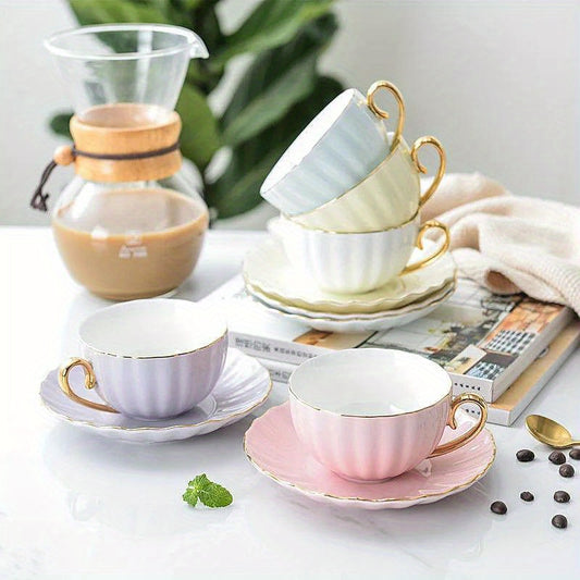 Elegant bone china coffee set with golden rim, pastel colors, and a glossy finish. Dishwasher safe, perfect for home or party use. Ideal for English afternoon tea.