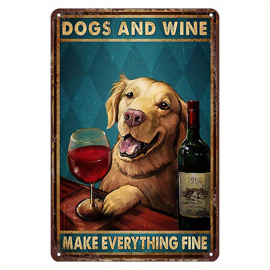 Add some humor to your home bar, cafe, or gym with this vintage metal tin sign featuring a Golden Retriever and wine. This durable metal poster is perfect for adding some fun and charm to your space.