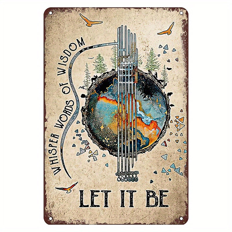 Retro Guitar Music Metal Tin Sign featuring 'Let It Be' Lyrics, Wise Quote Wall Art for Home, Bar, Cafe, or Garage Decoration