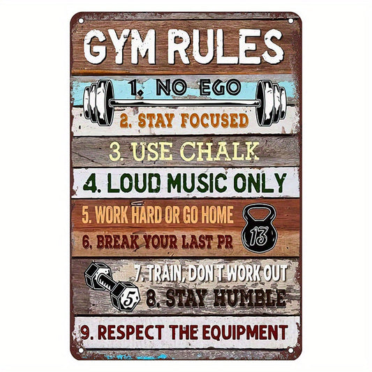 Vintage Metal Tin Sign with Gym Rules: No Ego, Stay Focused, Use Chalk. Fun Wall Art for Home Décor.