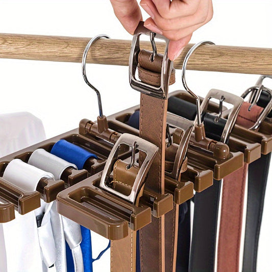 Introducing the Space-Saving 10-Hole Belt Rack - A Versatile Hanger for Belts, Ties, and Scarves. This Compact Closet Organizer measures 30.48cmx2.87" and helps maximize storage space.