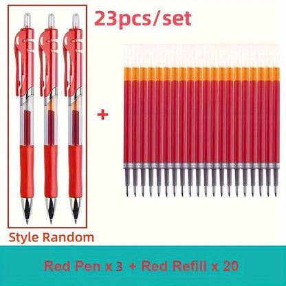 Set of 23 retractable ballpoint pens with large capacity, 0.5mm black/red/blue refillable ink.