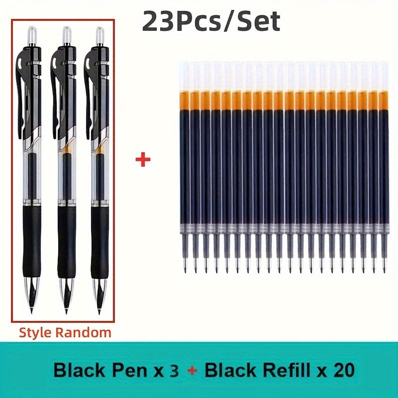 Set of 23 retractable ballpoint pens with large capacity, 0.5mm black/red/blue refillable ink.