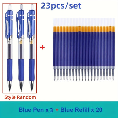 Set of 23 retractable ballpoint pens with large capacity, 0.5mm black/red/blue refillable ink.