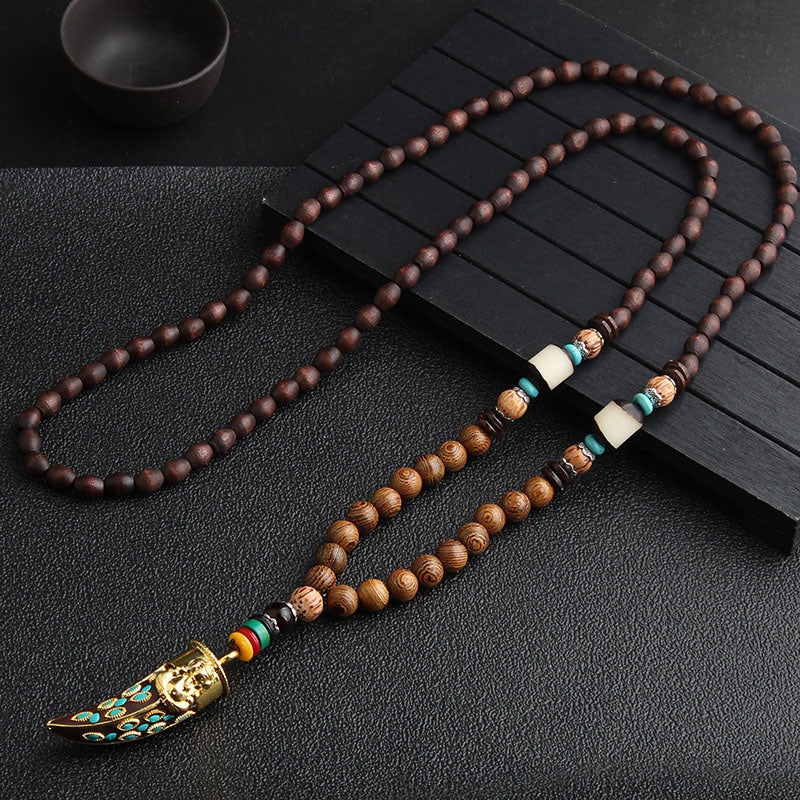 Gift Necklace: Long Sweater Chain with Boho Style Wooden Beaded Pendant, Carved Jewelry