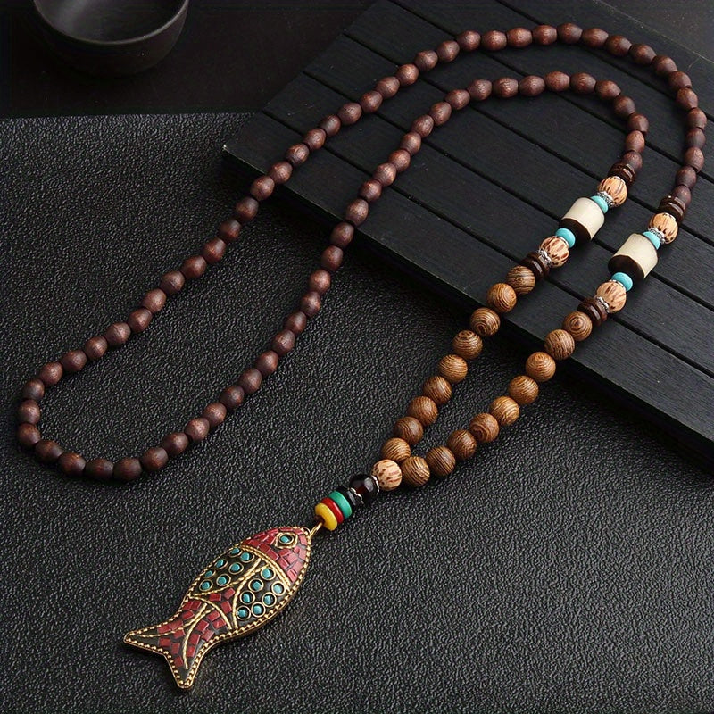 Gift Necklace: Long Sweater Chain with Boho Style Wooden Beaded Pendant, Carved Jewelry