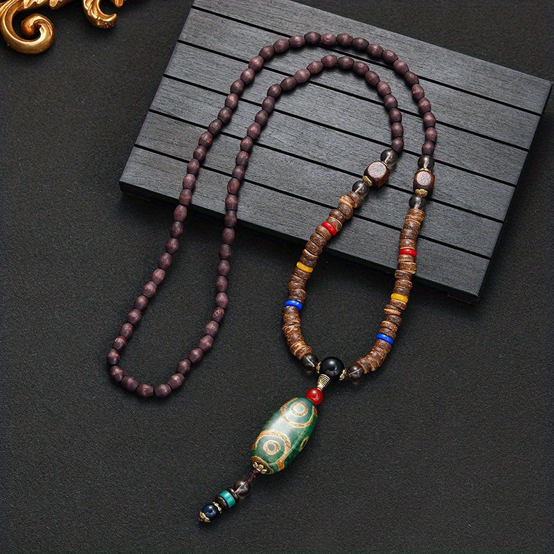 Gift Necklace: Long Sweater Chain with Boho Style Wooden Beaded Pendant, Carved Jewelry