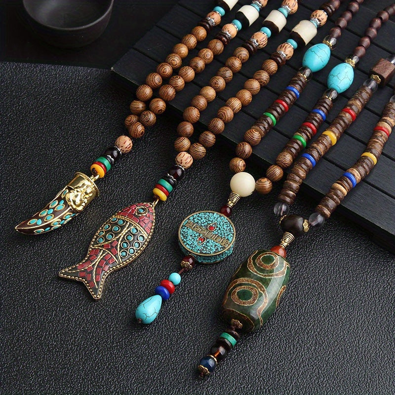 Gift Necklace: Long Sweater Chain with Boho Style Wooden Beaded Pendant, Carved Jewelry