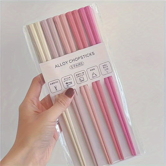 5 pairs of minimalist mixed color Macaron hexagon alloy chopsticks for the dinner table, made from durable household kitchen tools and accessories.