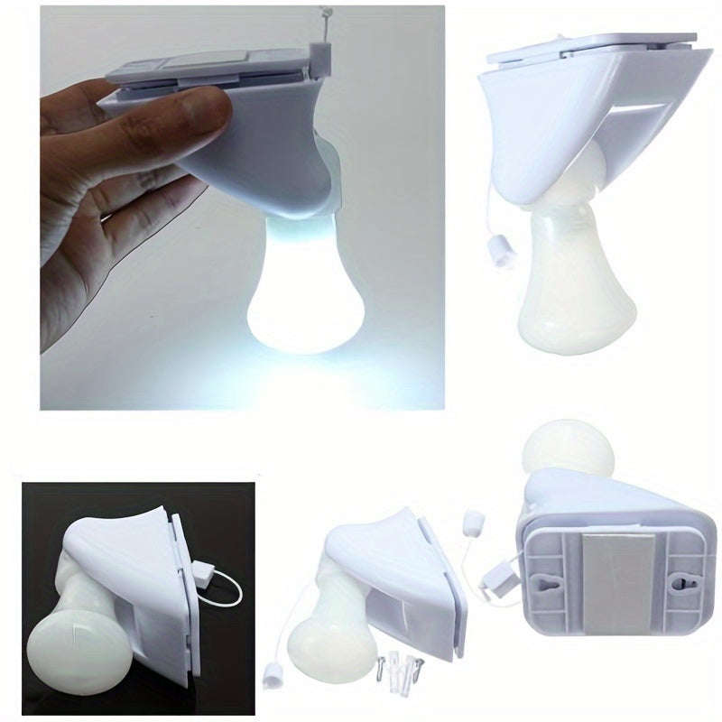 Portable wire LED bulb with pull chain, battery operated, self-adhesive wall mount.