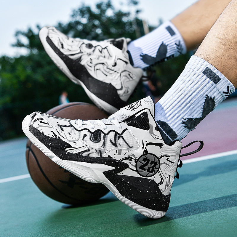 Stylish basketball shoes with shock-absorbing soles for outdoor activities.