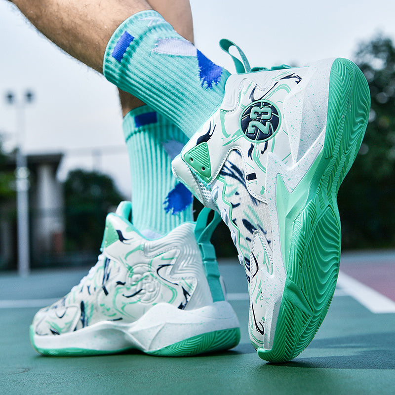 Stylish basketball shoes with shock-absorbing soles for outdoor activities.