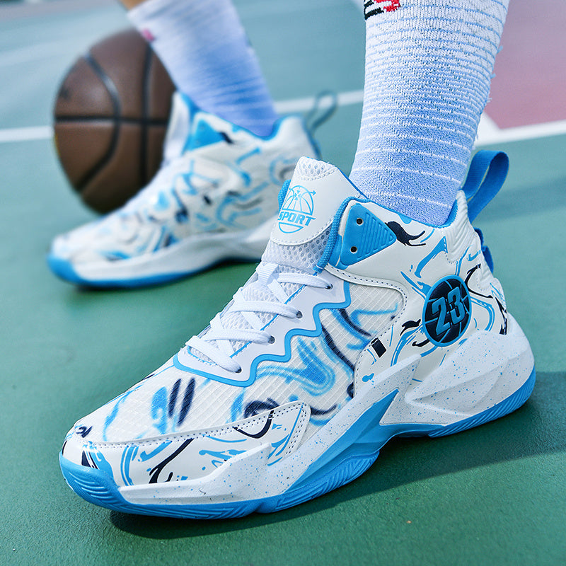 Stylish basketball shoes with shock-absorbing soles for outdoor activities.