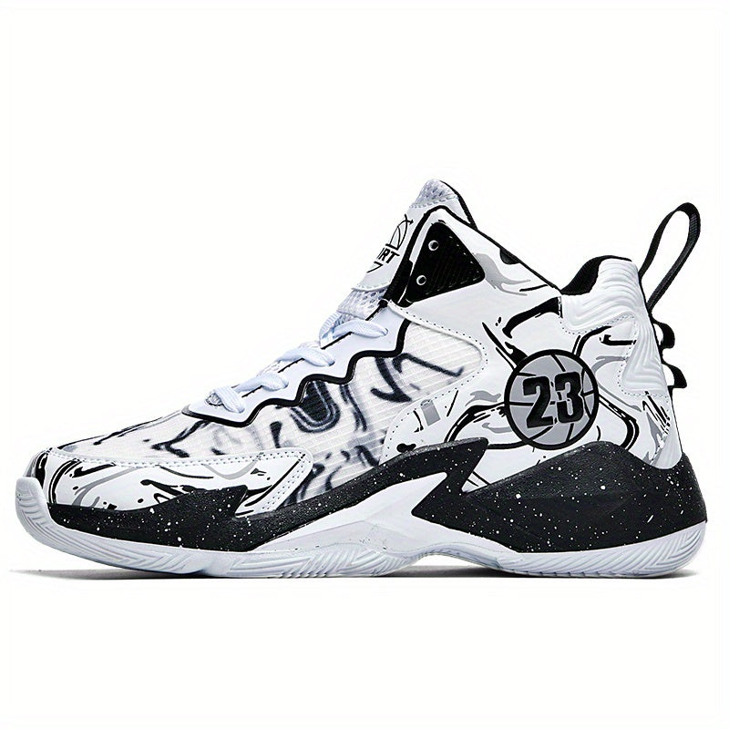 Stylish basketball shoes with shock-absorbing soles for outdoor activities.