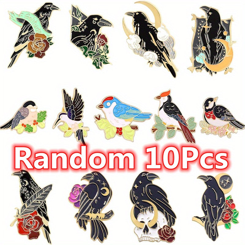 Gothic Style Brooch Set of 10 Black Crow Enamel Pins for Backpacks, Shirts, and Denim Bags