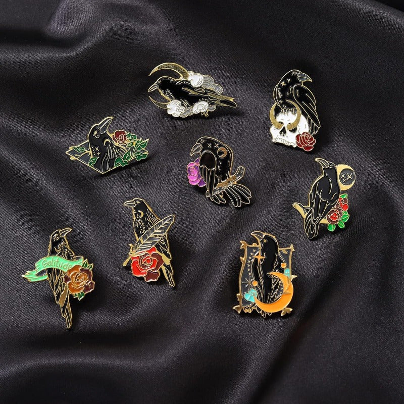 Gothic Style Brooch Set of 10 Black Crow Enamel Pins for Backpacks, Shirts, and Denim Bags