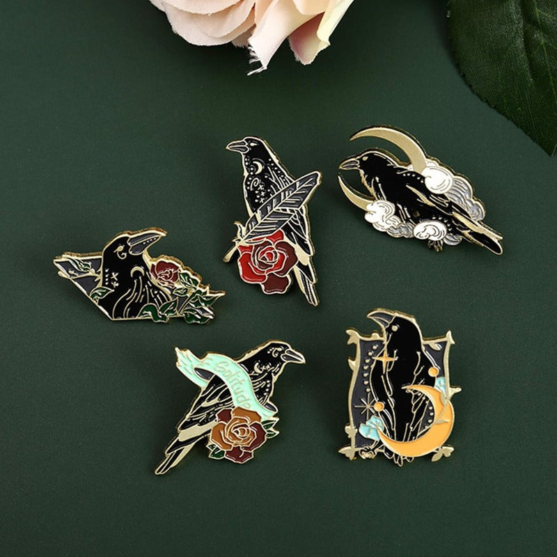 Gothic Style Brooch Set of 10 Black Crow Enamel Pins for Backpacks, Shirts, and Denim Bags