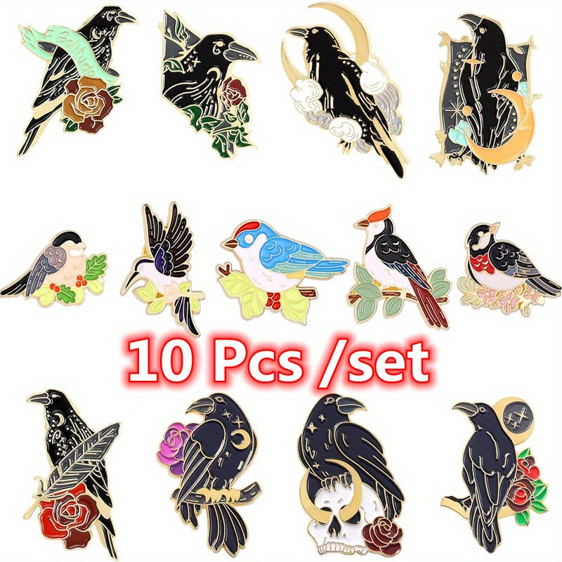 Gothic Style Brooch Set of 10 Black Crow Enamel Pins for Backpacks, Shirts, and Denim Bags