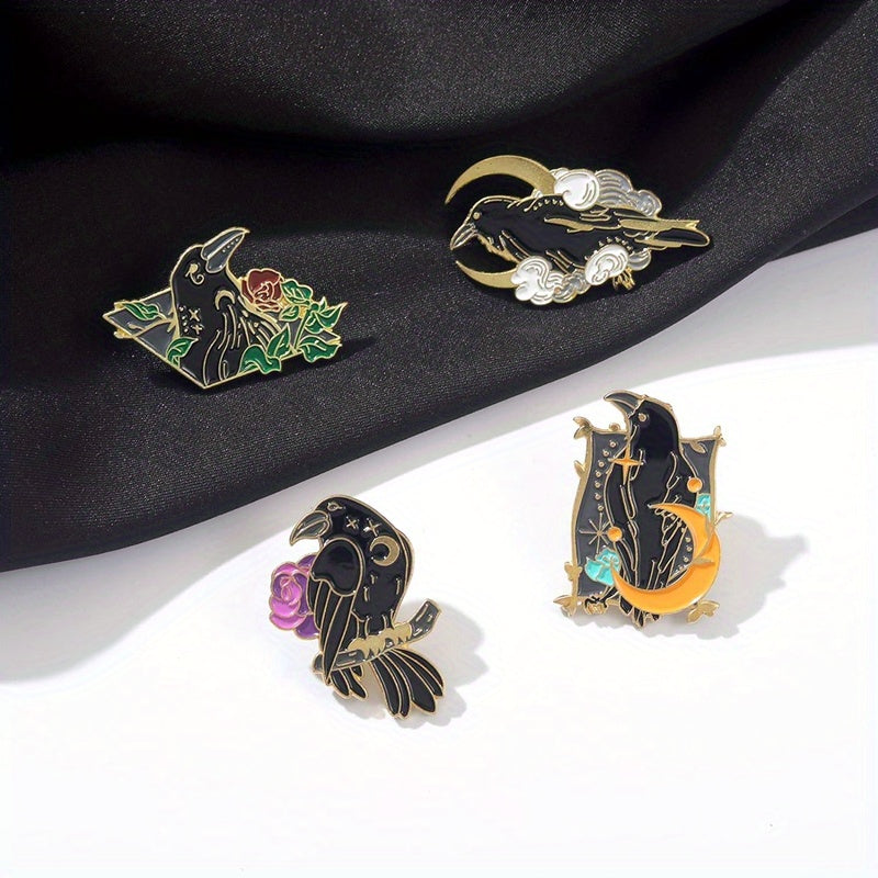 Gothic Style Brooch Set of 10 Black Crow Enamel Pins for Backpacks, Shirts, and Denim Bags