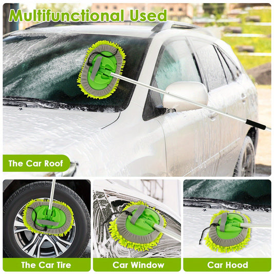 Long Handle Car Wash Brush with 180° Rotating Mop Head, Scratch-Free Microfiber Mitt, Detachable Cleaning Supplies for Car Windows. Portable and Replaceable Sponge Head included in Car Wash Kit. Perfect for Car Cleaning on the Go.