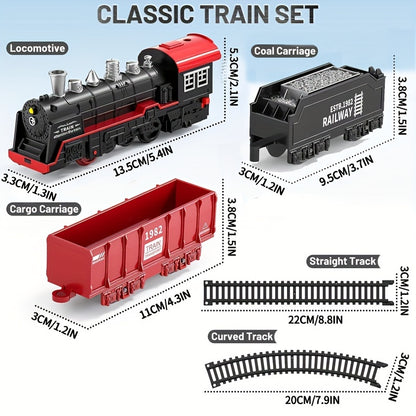 Vintage Electric Train Track Set for kids - Classic Steam Locomotive with Lights & Sounds, Red & Black, ABS Resin, Perfect for Imaginative Play.