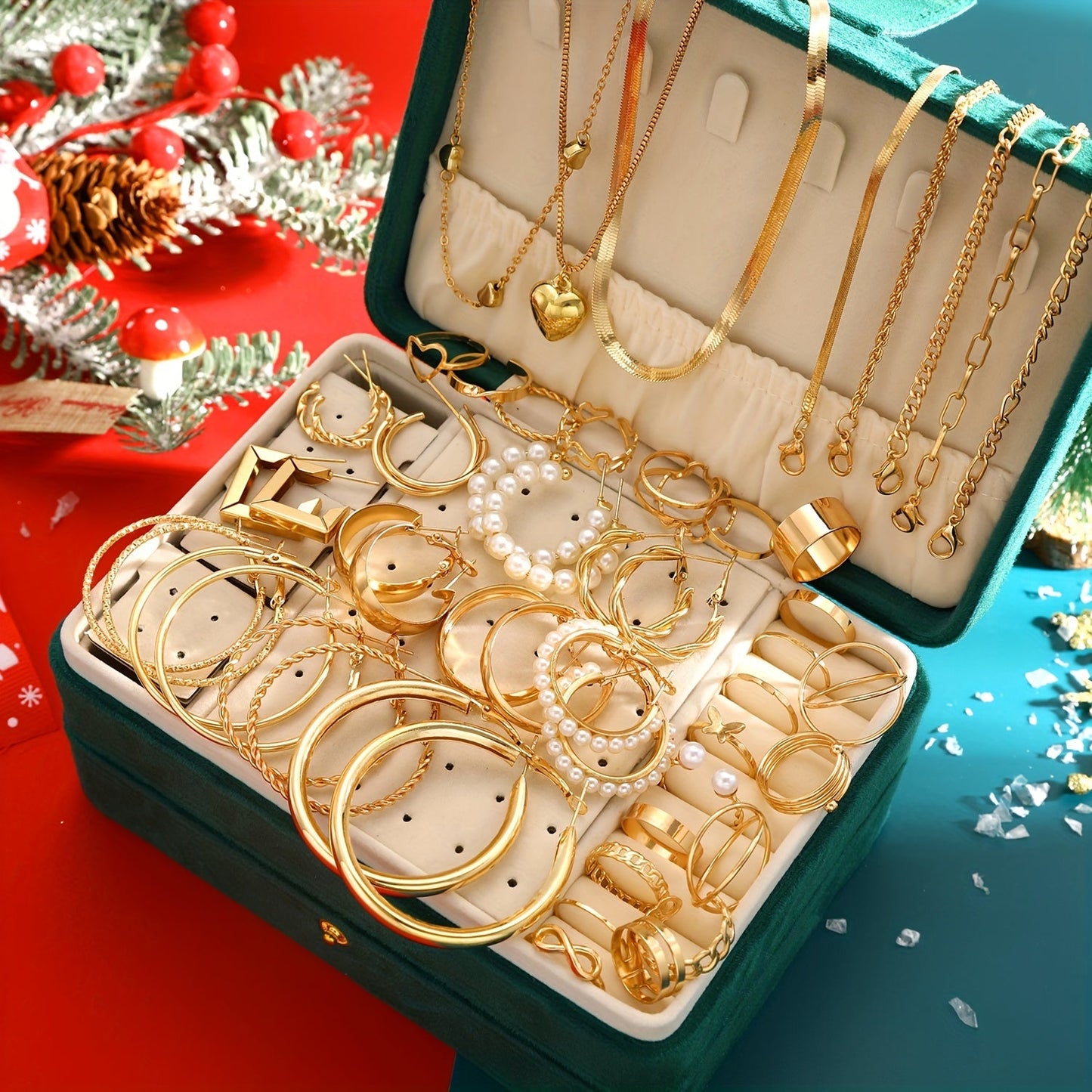 Luxurious 54-Piece Christmas Themed Jewelry Set - Made with High-Quality Zinc Alloy and Imitation Pearl Details, No Plating - Includes Fashionable Rings, Earrings, Heart Pendant Necklaces, and Bracelets for Women - Versatile Accessories Perfect for