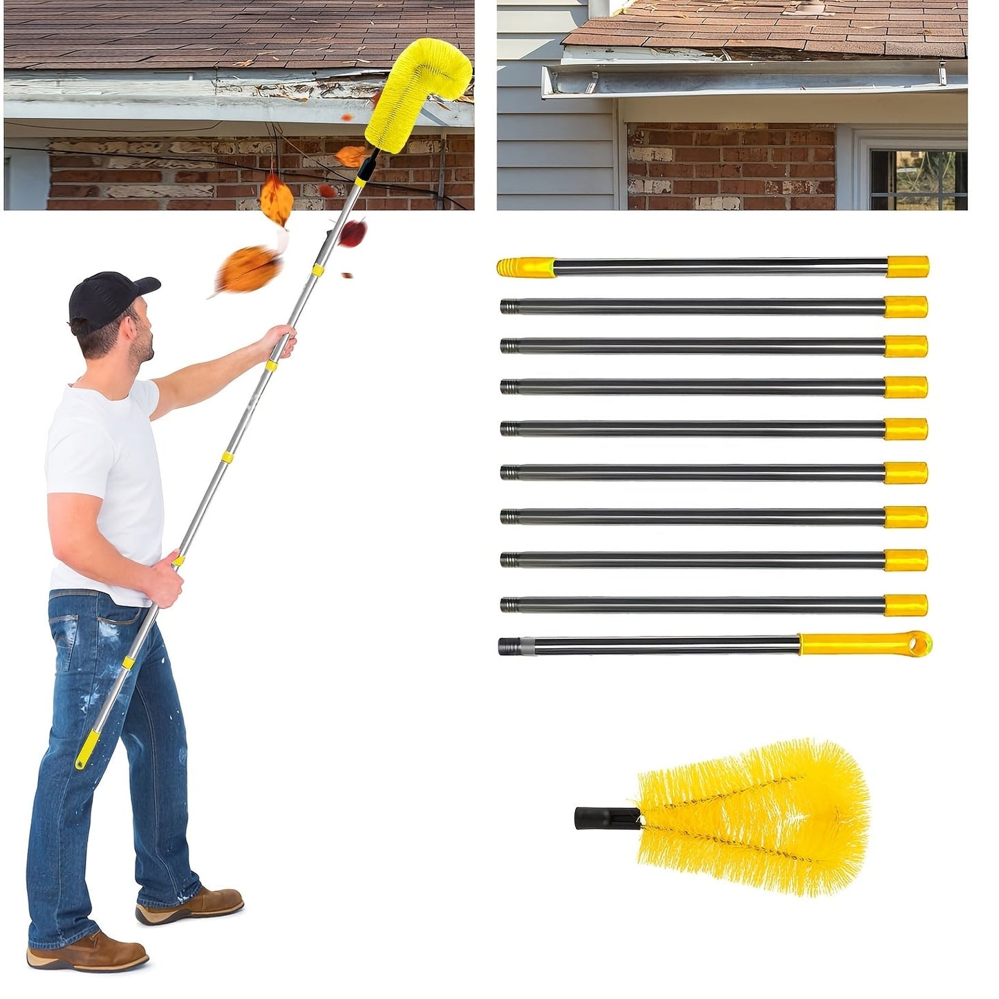 1 piece of a gutter cleaning tool measuring 4.57 meters in length. This long reach gutter brush roof tool is designed to easily remove leaves and debris from the roof. It is a must-have cleaning supply.