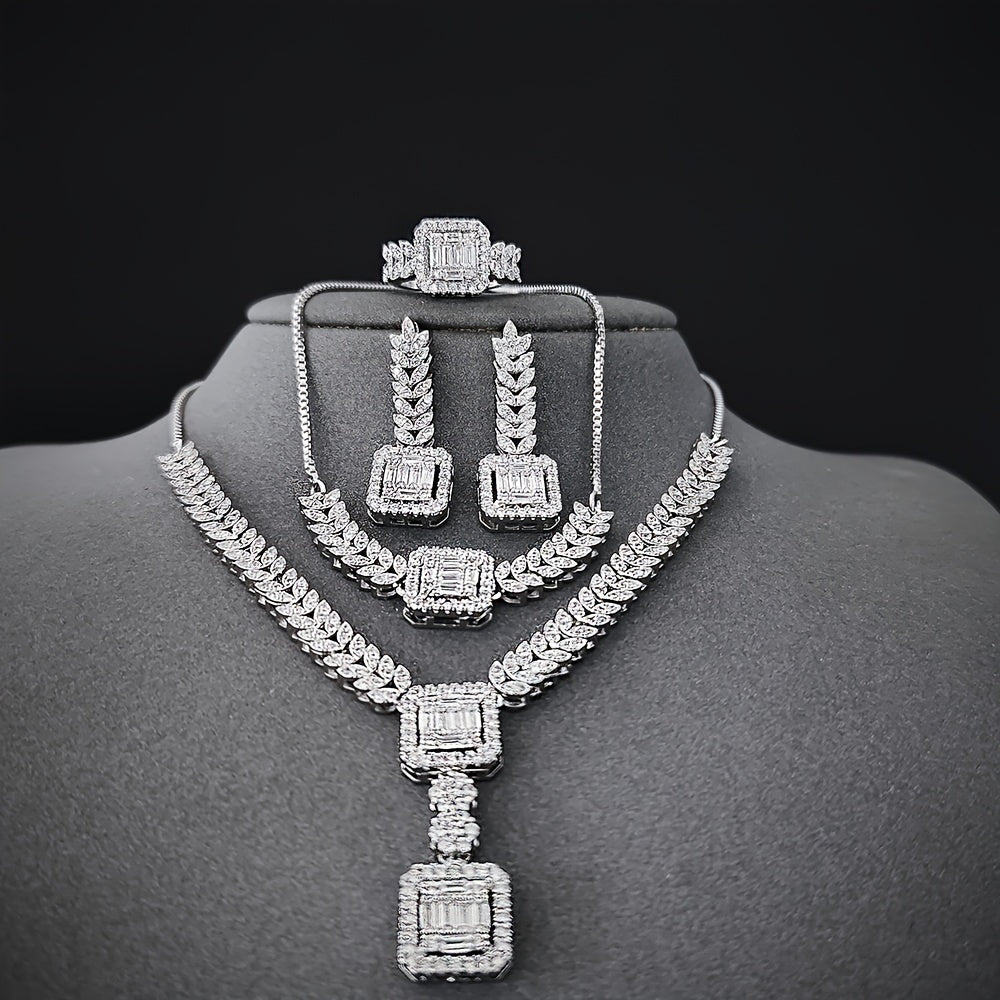 Sophisticated 4-piece Jewelry Set featuring Cubic Zirconia - Opulent Necklace, Earrings, Bracelet, and Ring perfect for Weddings, Engagements, and Special Events.