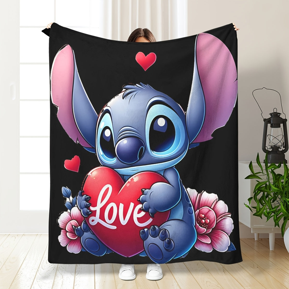 This Flannel Throw Blanket features a cute Stitch Cartoon Love Heart design, making it a perfect addition to any room. It is made of soft and cozy all-season multipurpose digital print fleece, crafted from 100% polyester and weighing 200-250g. The