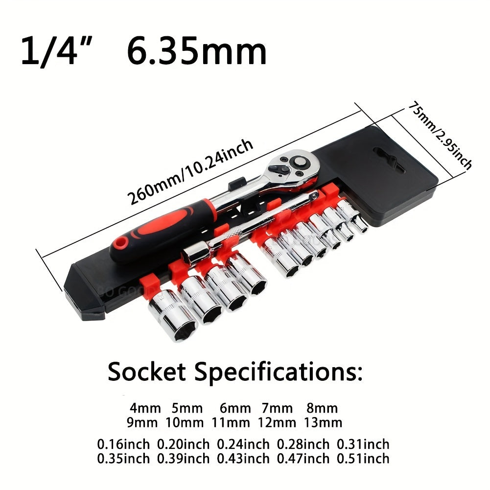 12pc 1/4-Inch Ratchet Wrench Set with 10pc Cr-V Metric Drive Sleeve (4-13mm), Quick Release Ratchet Handle & Extension Rod, Durable Steel Construction, Multi-Functional Socket Kit for DIY &