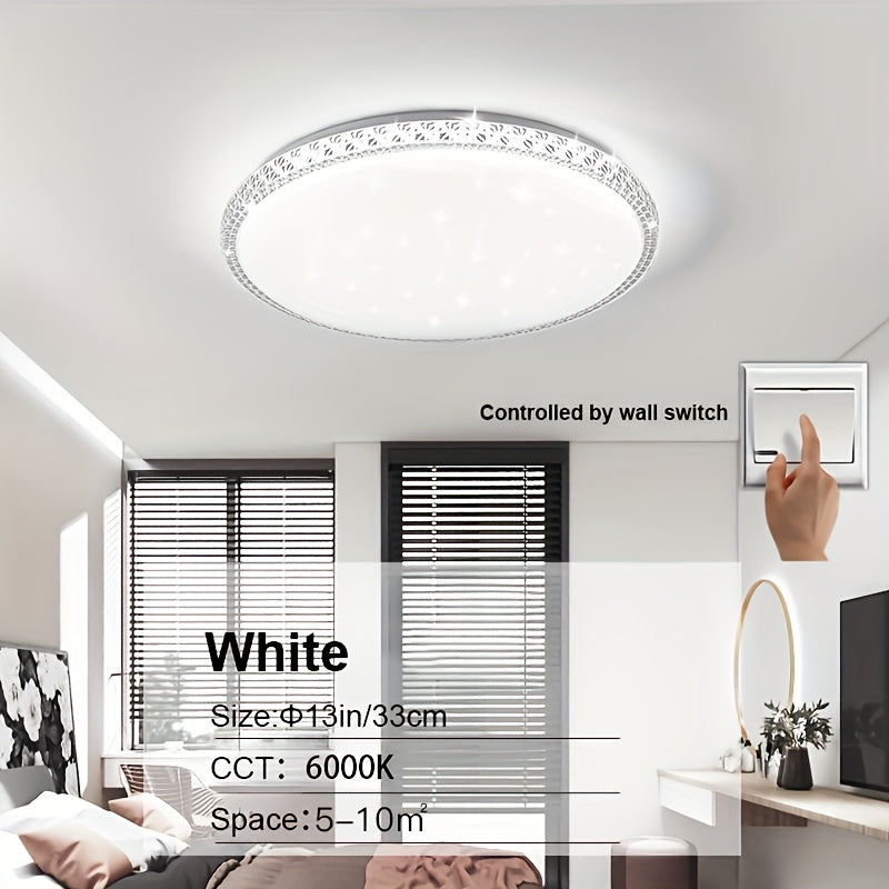 Contemporary 13" LED ceiling light in daylight white 6000K, with polished metal flush mount and acrylic shade. Hard-wired with switch control for kitchen, bedroom, stairwell. No batteries needed.